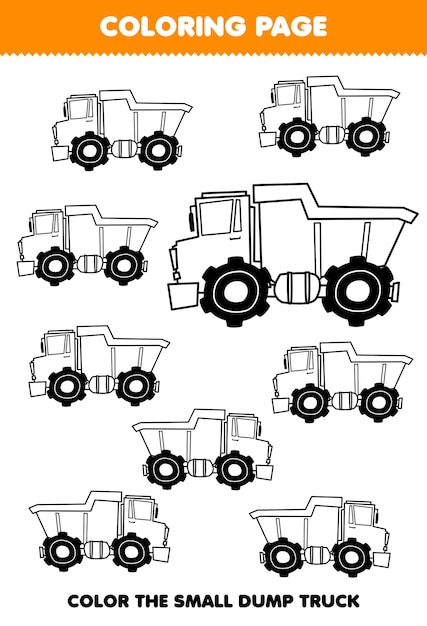 Lernspiel für kinder zum ausmalen von großen oder kleinen bildern von niedlichen cartoon-muldenkipper-transportlinienkunst-arbeitsblatt zum ausdrucken