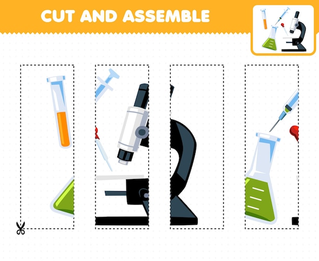 Lernspiel für kinder zum schneiden, üben und zusammenbauen von puzzles mit niedlichem cartoon-mikroskop, spritze und becher, druckbarem werkzeug-arbeitsblatt