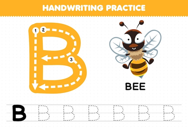 Lernspiel für kinderhandschriftübungen mit großbuchstaben b für druckbares arbeitsblatt für bienen