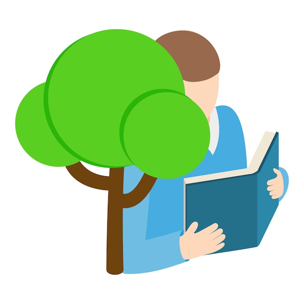 Lesekonzept-Symbol, isometrischer Vektor. Junger Mann liest Papierbuch unter einem Baum. Lernen, Bildung, Zeitvertreib, Hobby