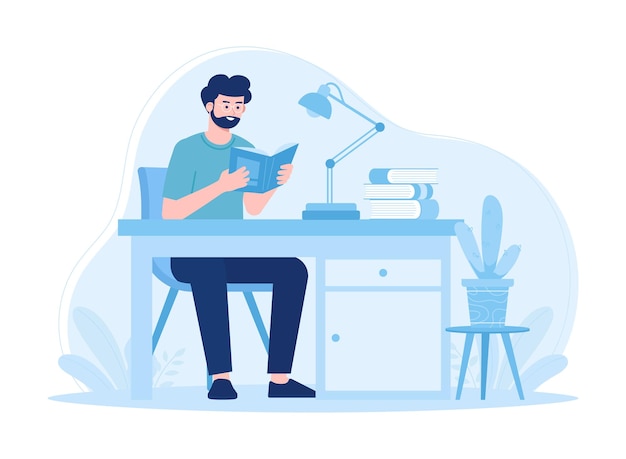 Lesen Bildung ein Schüler liest im Studienzimmer Konzept flache Illustration