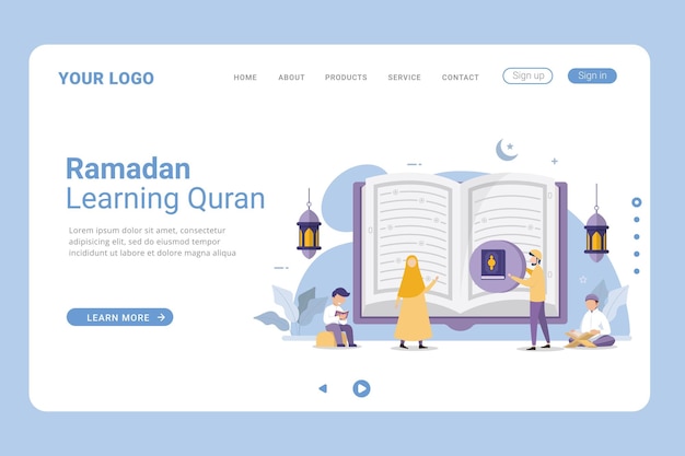 Vektor lesen und lernen sie den koran mehr im monat ramadan vektor-illustration auf der landing page