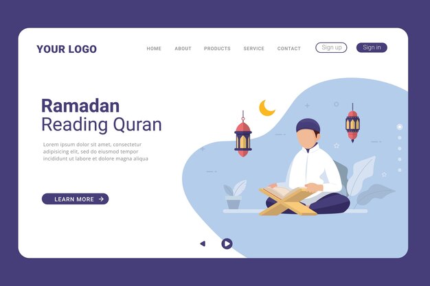 Lesen und lernen sie den koran mehr im monat ramadan vektor-illustration auf der landing page