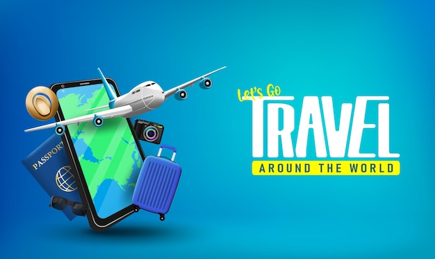 Let's Go Travel Realistic Banner Poster mit Flugzeuggepäck am Telefon mit Reisepass und Kamera