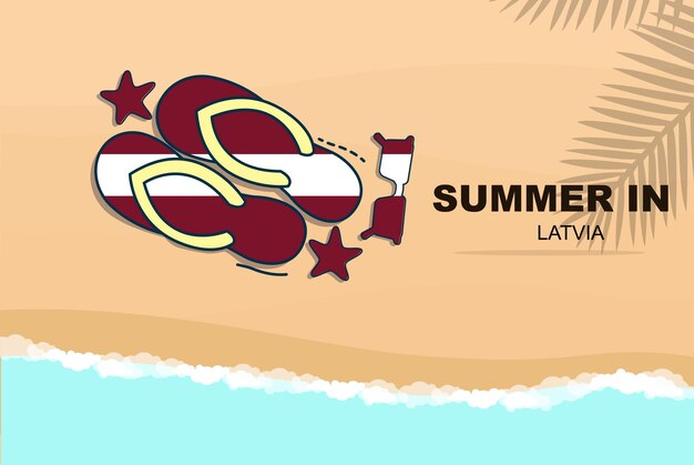 Lettland sommerurlaub vektor banner strandurlaub flip flops sonnenbrille seesterne auf sand