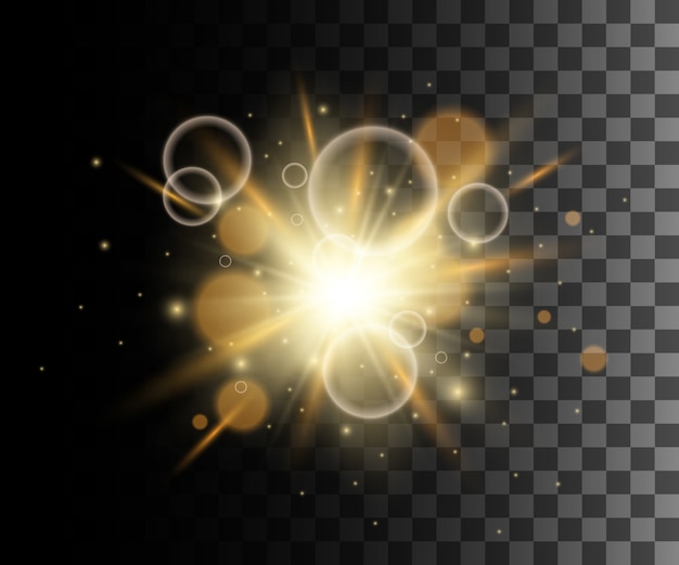 Leuchtend gelber transparenter Effekt, Linseneffekt, Explosion, Glitzer, Linie, Sonnenblitz, Funke und Sterne. Für Illustrationsschablonenkunst, für Weihnachtsfeier, magischer Blitz Energiestrahl