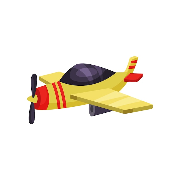 Leuchtend gelbes flugzeug mit propeller cartoon air vehicle flaches vektorelement für sticker-handyspiel oder kinderbuch