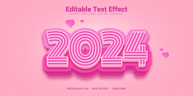 Vektor leuchtend rosa 2024 text-effekt mit liebe