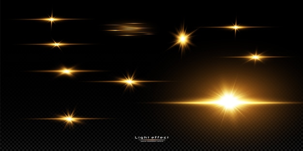 Leuchtende goldene Sterne auf schwarzem Hintergrund. Effekte, Blendung, Linien, Glitzer, Explosion, goldenes Licht. Illustration