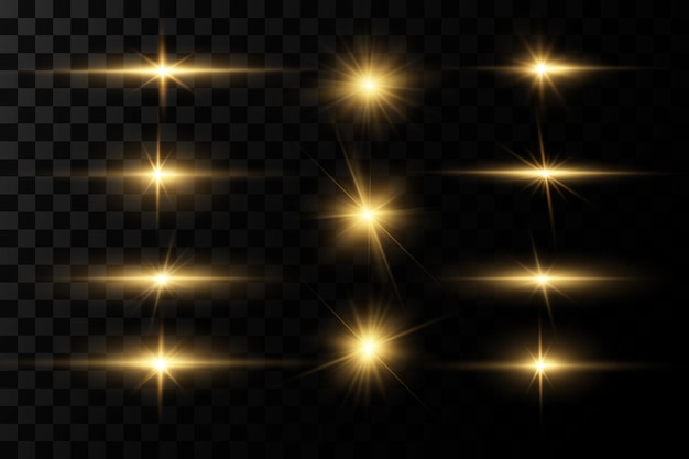 Leuchtende goldene Sterne. Lichteffekte, Blendung, Bokeh, Glitzer, Explosion, goldenes Licht. Vektor
