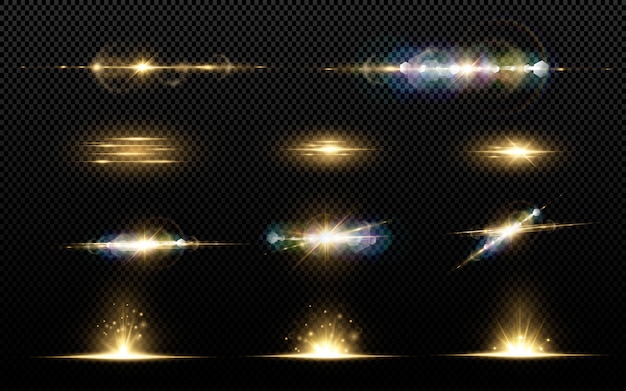 Leuchtende goldene Sterne lokalisiert auf schwarzem Hintergrund. Effekte, Linseneffekt, Glanz, Explosion, goldenes Licht, Set. Leuchtende Sterne, schöne goldene Strahlen. .