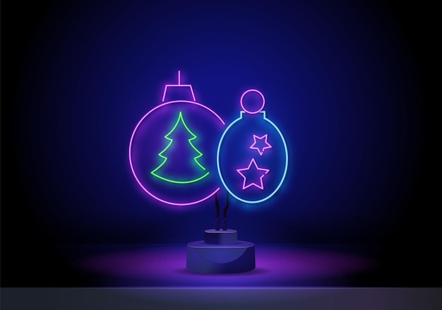 Leuchtende Grußkarte mit Christbaumschmuck. Leuchtreklame der frohen Weihnachten, helles Schild, helles Banner. Weihnachtsbaumspielzeug-Neonlogo, Emblem. Vektor-Illustration