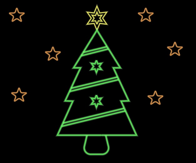 Leuchtende neon-weihnachtsbaum-schilderleuchte mit ein- und aus-versionen. vektorillustration