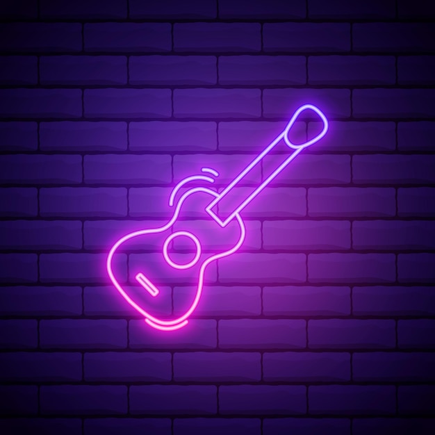 Vektor leuchtende neonlinie gitarrensymbol isoliert auf backsteinmauerhintergrund akustikgitarre saitenmusikinstrument vektorillustration