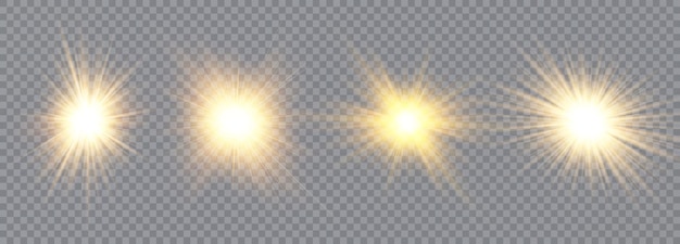 Leuchtendes Lichteffektset. Stern platzt mit funkelnden Sonnenvektorillustrationen