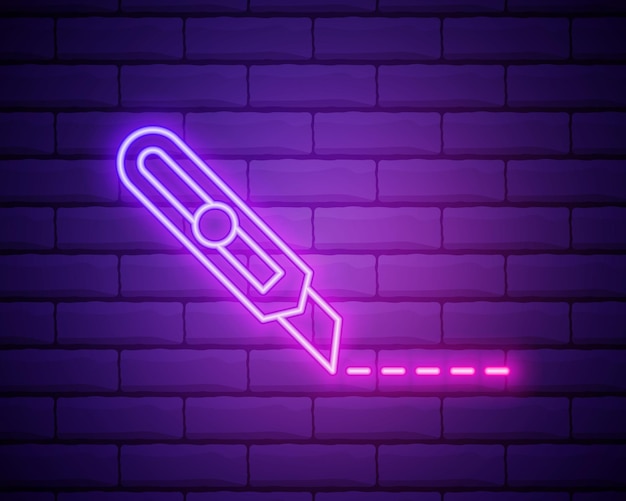 Leuchtendes neon-briefpapier-messer-symbol isoliert auf backsteinmauer-hintergrund büro-papierschneider vektor-illustration