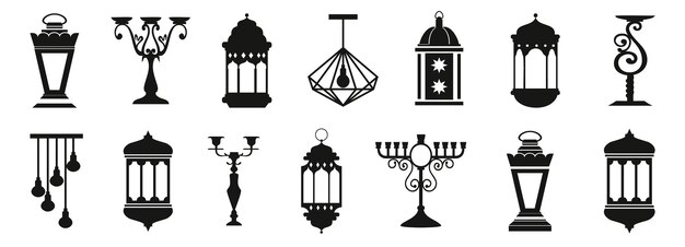 Vektor leuchter- und leuchter-ikonen silhouetten von leuchtern in schwarz elegante vintage-lampen-ikonen leuchter-lampen-ikonen für religiöse feiern traditionelle leuchter-ikonen