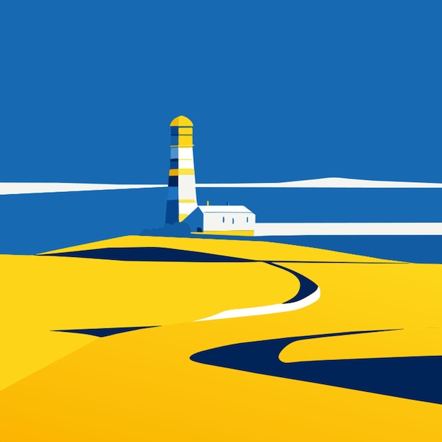 Vektor leuchtturm in gelbem feld und blauem himmel im stil von malika favre absoluter minimalismus innerhalb der pop-art