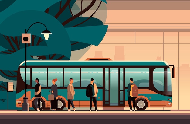 Leute am Busbahnhof des öffentlichen Verkehrs bequemes bewegliches Konzept horizontale Stadtbildhintergrund-Vektorillustration