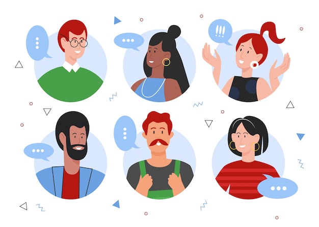 Leute, die flachen Vektorillustrationssatz sprechen, Karikaturkreisporträt von verschiedenen glücklichen Charakteren sprechen und kommunizieren in Online-Konversation isoliert auf Weiß