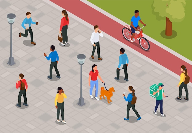 Leute, die hund reiten, der fahrrad liefert, das essen auf isometrischer hintergrundvektorillustration des stadtbürgersteigs liefert