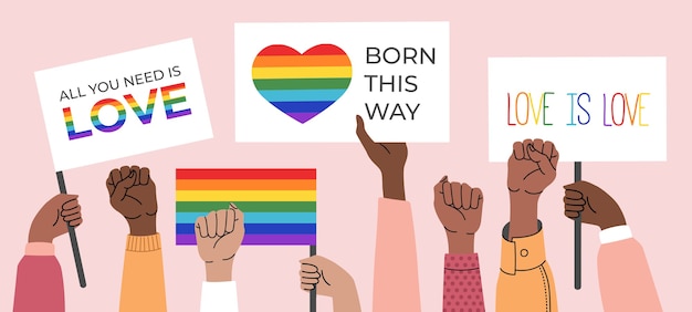 Leute, die lgbt Plakate, Symbole, Zeichen und Fahnen mit Regenbogen halten, Stolzmonat. Menschenrechte, Liebe ist Liebe.