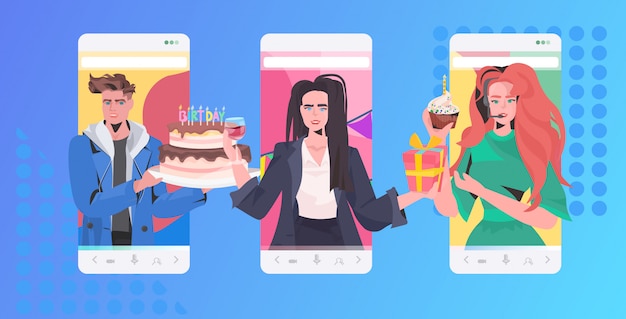 Leute, die online-party-mix-race-freunde feiern, die ein virtuelles spaß-feier-konzept haben. horizontale porträtillustration der mobilen app des smartphonebildschirms