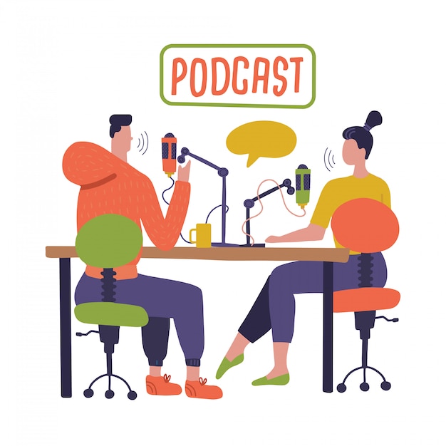 Leute, die Podcast im Studio aufnehmen. Radiomoderator interviewt Gäste auf Radiosender-Zeichentrickfiguren. Junger DJ, Mann und Frau mit Mikrofonen sprechen. Rundfunk. Flache Illustration