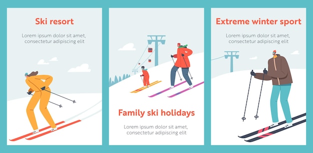 Leute, die ski durch schneehänge auf winterresort mit standseilbahn-karikatur-plakat reiten. reiseunterhaltung, winterurlaub aktivität. sportler-spaß im skigebiet, das bergab geht. vektorillustration
