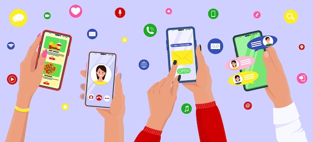 Vektor leute, die smartphone mit verschiedenen apps halten