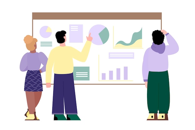 Leute, die zurückstehen und diagrammkarikaturvektorillustration lokalisiert studieren