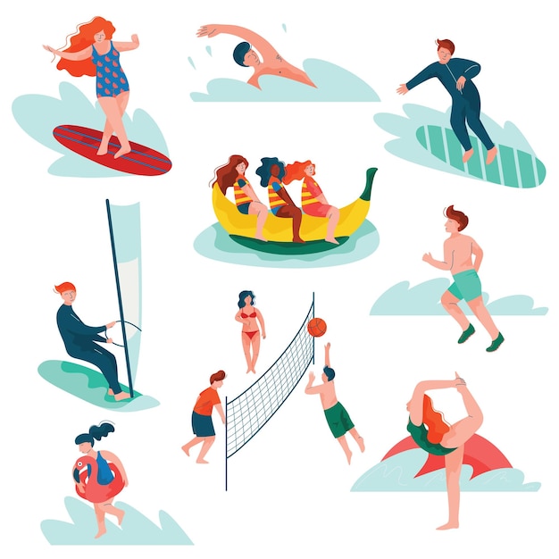 Leute entspannen sich im Sommerurlaub Set Junge Mann und Frau Surfen Schwimmen Segeln Sport treiben Sommer Outdoor-Aktivitäten Vektorillustration auf weißem Hintergrund