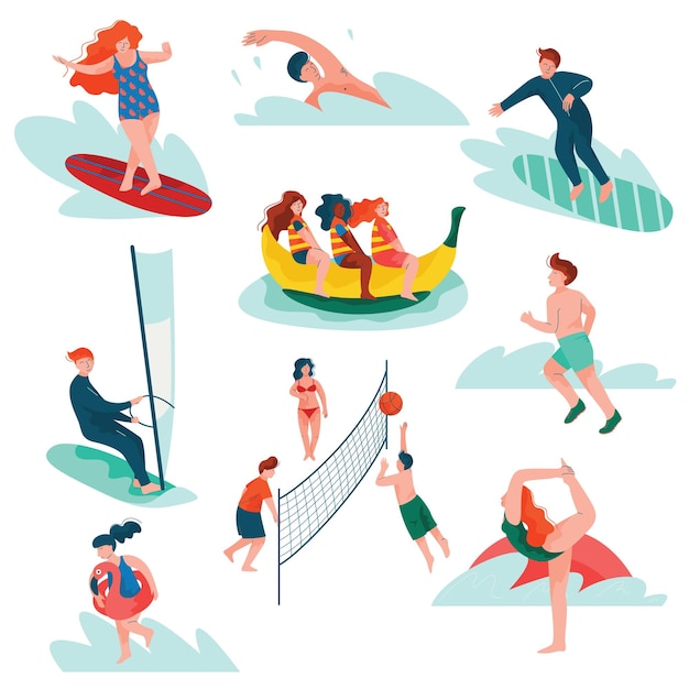 Vektor leute entspannen sich im sommerurlaub set junge mann und frau surfen schwimmen segeln sport treiben sommer outdoor-aktivitäten vektorillustration auf weißem hintergrund