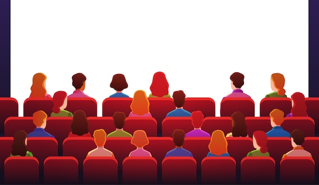 Vektor leute im kino. jungs sehen auf roten stühlen vor weißem bildschirm in der filmhalle sitzen.