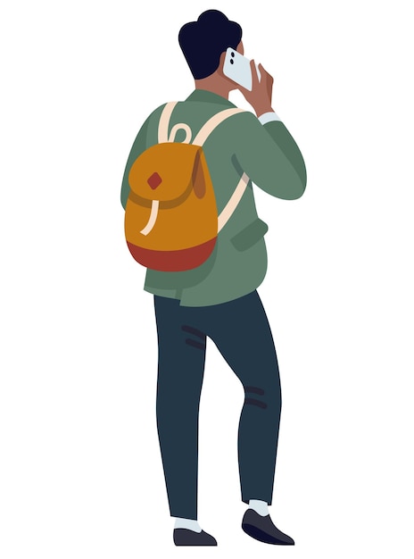 Leute mit Telefonen. Mann, der am Telefon spricht, kleiner Junge mit Rucksackrückansicht, soziale Kommunikation, mit Gadget und elektronischem Gerät. Teenager mit Smartphone-Vektor-Cartoon isolierte Illustration