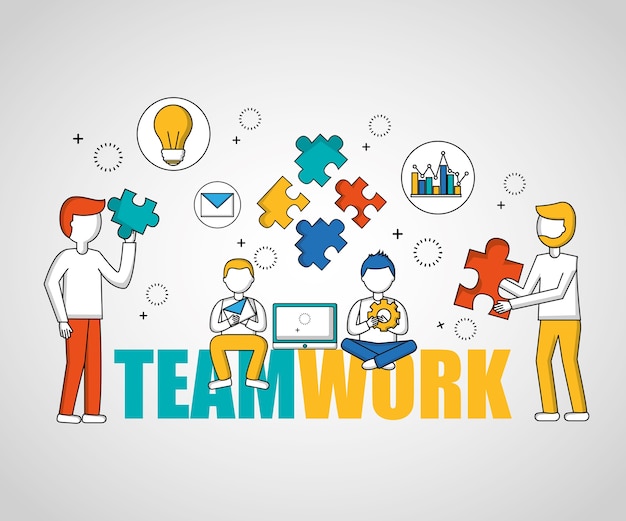 Leuteteamworkjungen, die Puzzlespielstücke halten sitzen