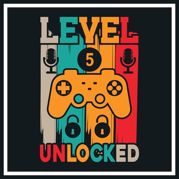 Level unlocked gaming t-shirt design premium-vektor