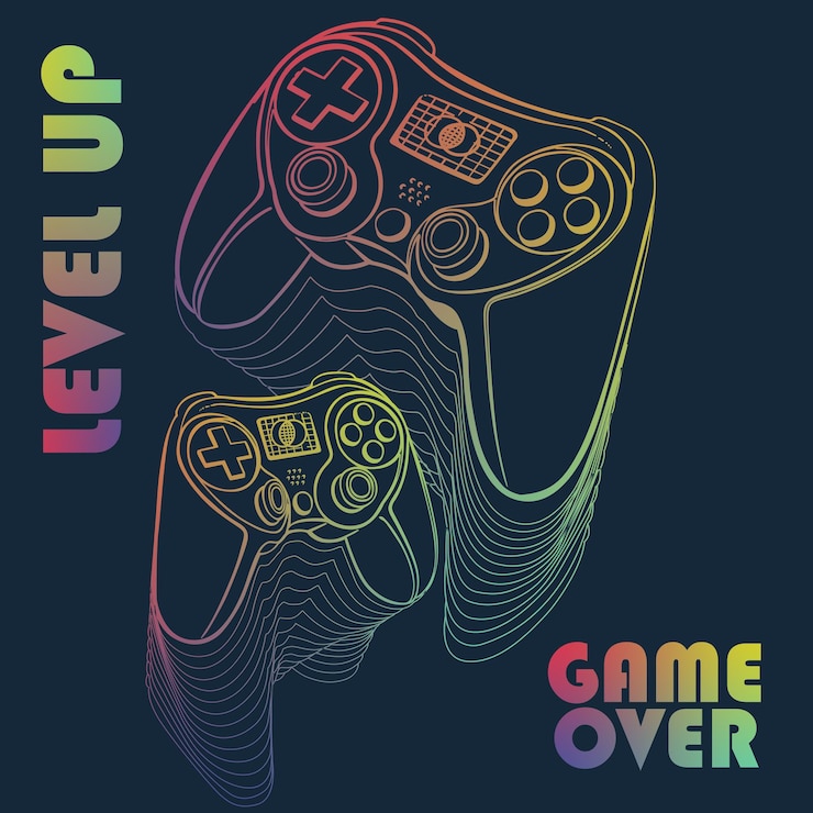 Vektor level-up-spiel über den controller farbige linienkunst