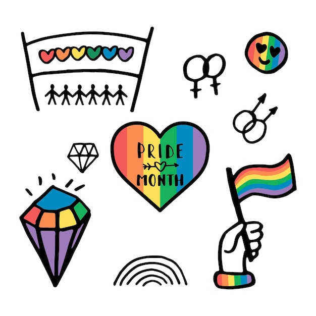 Lgbt-doodle-set rainbow flag pride month vektorillustration