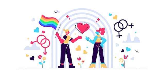 LGBT-Illustration. Flache winzige bisexuelle Personen mit Regenbogenkonzept. Transgender-Flaggenzeichen als Symbol für Liebe, Gleichheit, Rechte und Toleranz. Bewegung gegen Diskriminierung und Transkultur.