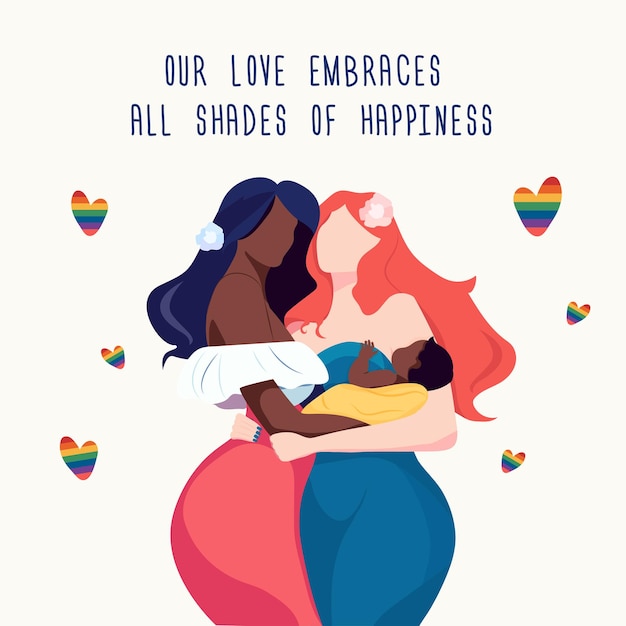 Lgbt-postkarte mädchen lesbisches paar hält baby rassengleichheit hautfarbunterschied vektorillustration