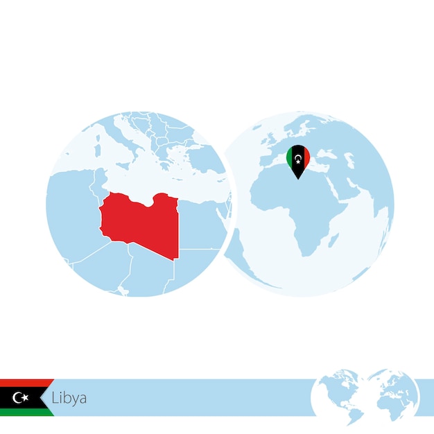 Libyen auf der weltkugel mit flagge und regionaler karte von libyen. vektor-illustration.