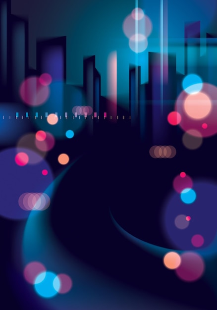 Licht Nacht in der Stadt, Bokeh abstrakter Hintergrund verschwommene Lichter. Effekt Vektor schönen Hintergrund. Verschwommen farbenfroher dunkler Hintergrund mit Stadtbild, Gebäude Silhouetten Skyline.