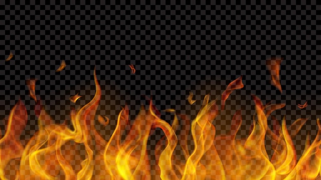 Lichtdurchlässige Feuerflamme mit horizontaler nahtloser Wiederholung auf transparentem Hintergrund. Zur Verwendung auf dunklen Hintergründen. Transparenz nur im Vektorformat