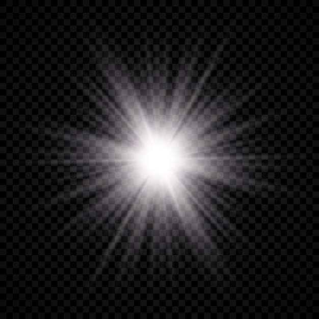 Lichteffekt von Lens Flare. Weiß leuchtendes Licht explodiert mit Starburst-Effekten und funkelt auf transparentem Hintergrund. Vektor-Illustration