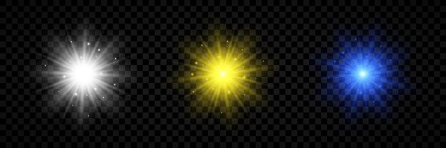 Lichteffekt von lens flares satz von drei weiß, gelb und blau leuchtenden lichtern starburst-effekte mit funkeln auf einem transparenten hintergrund vektor-illustration