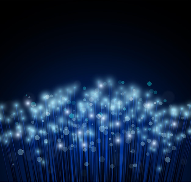 Lichtwellenleiter zur Übertragung von Licht und Informationen. Dunkler Hintergrund und leuchtende Fasern. Datenübertragung mit hoher Geschwindigkeit. Computernetzwerke.