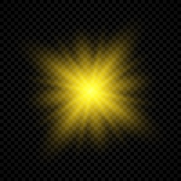 Vektor lichtwirkung von lens flares. gelb leuchtende lichter starburst-effekte mit funkeln auf transparentem hintergrund. vektor-illustration