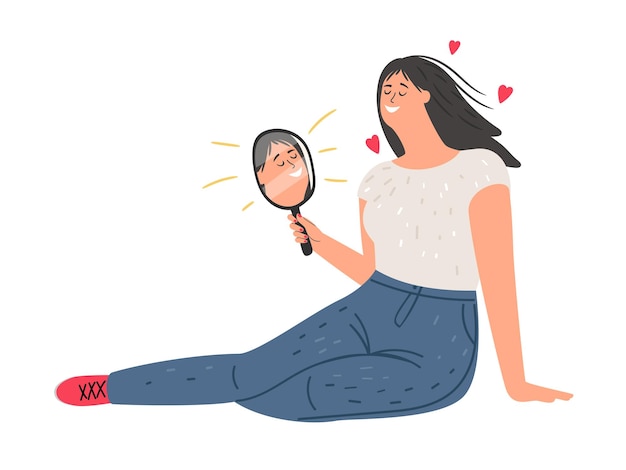 Liebe dich selbst, selbstakzeptanzkonzept, glückliche, schöne frau, die in den spiegel schaut, junge frau mit gesunder selbstwahrnehmung, selbstwertgefühl-vektor-illustration