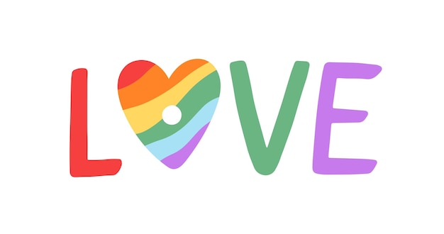 Vektor liebe, mehrfarbiges regenbogenwort, lgbt-herz, farbenfroher lgbtq-schrifttext-aufkleber für den pride-monat, flache vektorillustration, isoliert auf weißem hintergrund